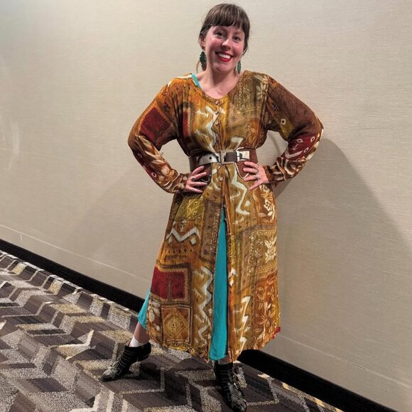 PRICE FIRM Vintage Duster Bohemian Multicolor Button-Down Flowy Sheer Top - Picture 11 of 11